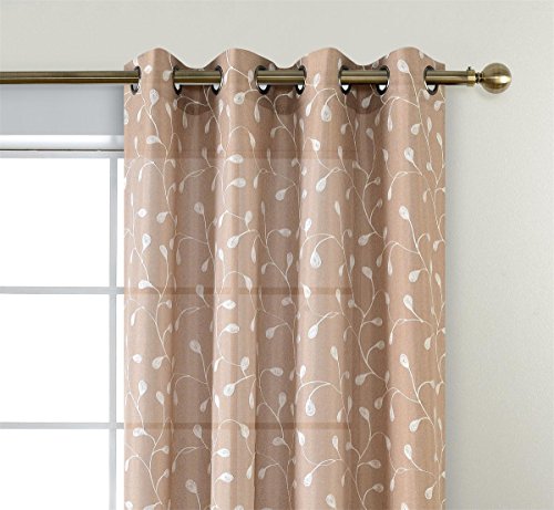 Miuco Floral Embroidered Semi Sheer Curtains Faux Linen Grommet Curtains For Living Room 52 X 84 Inch 2 Panels Set, Taupe #TOP2