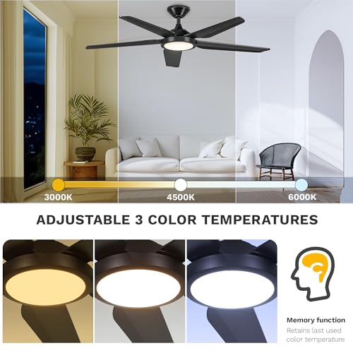 DWVO Ceiling Fan with Light, 54" Ceiling Fan with Remote, Tri-Color Temperature, 5 Blade Ceiling Fans Reversible 6 Speeds w/Quiet DC Motor for Bedroom, Living Room, Dining Room