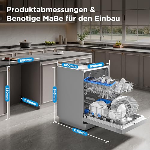 Midea Geschirrspüler 60cm Freistehend, SF 3.60N PRO Spülmaschine mit WLAN, 14 Maßgedecke, Geschirrspüler Unterbaufähig, 5 Programme, Höhenverstellbarer Oberkorb, 47 dB, Inox