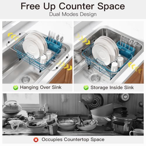 Image of JASIWAY Blue Dish Drying Rack in Sink with Utensil Holder, RV, Apartment