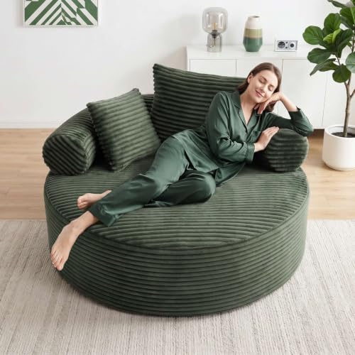 Image of Trustyue Boneless Couch,Comfy Fluffy Sofa Bed,Upholstered Sleeper Sofa with Cup Holder and Throw Pillows,Corduroy Plush Cloud Lounge Chair (Green, Corduroy)