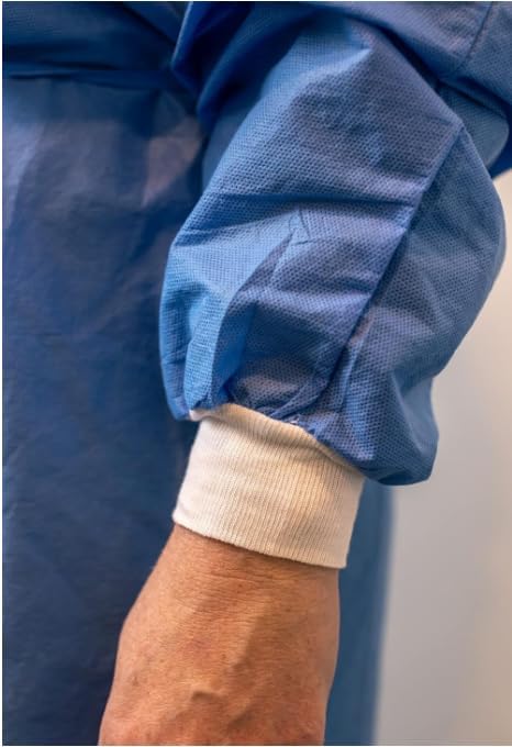 Image of Disposable Isolation Gowns for Medical, Dental and Lab, Poly-Reinforced SMS Fabric, Level 3 Sterile, Latex-Free, Long Cuffed Sleeve, One Size, Blue - 1 Count