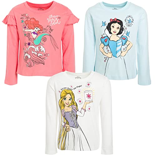 Disney Princess Ariel Rapunzel Snow White Little Girls 3 Pack Graphic T-Shirts Blue/Pink/White 7-8