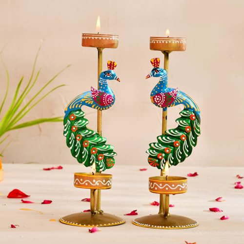 Image of CraftVatika Metal Peacock Candle Holder Set of 2 - Perfect House Decoration Diwali Gifting Items, Handpainted Tealight Candle Holders for Home Christmas Decor (21.5 CM Height)