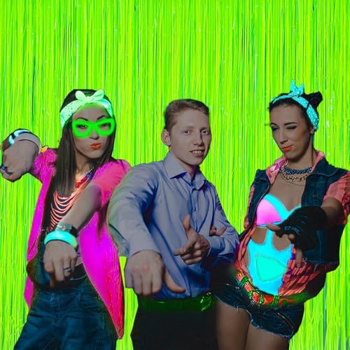 Image of 2 Pack Glow in The Dark Party Curtains, Neon Party Decorations 6.6 x 6.6 ft Fluorescent Macaron Yellow Tinsel Foil Fringe Curtains, Photo Booth Prop Backdrop Streamers, Birthday Halloween Party Decor