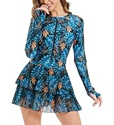 Tesuwel Womens Rash Guard Long Sleeve UPF 50+ Zip Up One Piece Swimsuits with Shorts Modest Swim ...