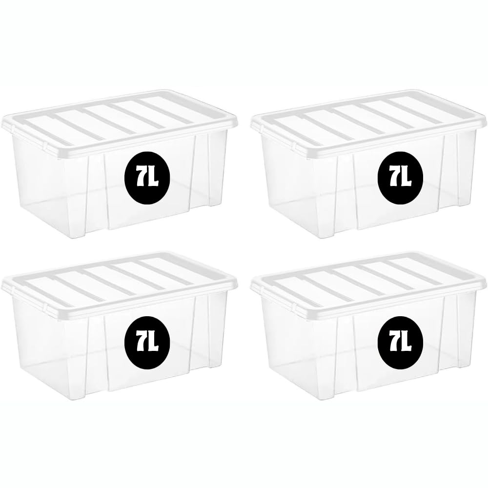 eMKay® Pack of 4 Plastic 7 Litre Storage Boxes – Clear Lid | Stackable & Compact | Durable Clip-Lock Plastic | Ideal for Home, Office & Utility Organisation