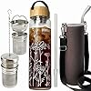 drinmoaer 1 Liter Trinkflasche Glas mit Bambus Deckel und Hülle für losen Tee, Teeflasche mit Sieb to go, Glass Water Bottle 1l (Blume)