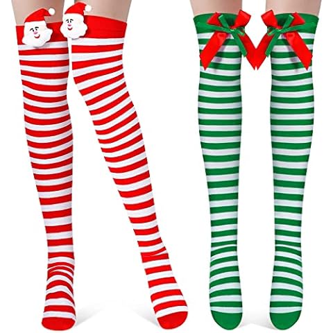 Christmas Striped Thigh High Socks with Bows Cover
