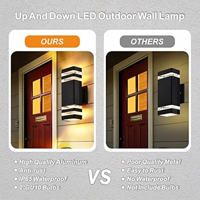 DASTOR 4 Pack Outdoor Wall Lights, Modern Exterior Lighting Fixtures Wall Mount, 2-Layer Black Outdoor Lights for House, Up and Down Lights Outdoor Sconces Wall Lighting for Porch Patio Garage