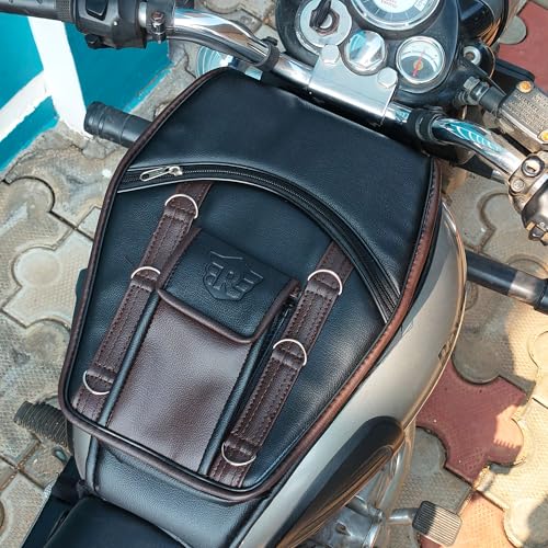 Image of Leatherette Scratch Protection Bike Tank Cover | Motorcycle Tank Bag | Leather Black and Brown | with Zipper Compartment and Adjustable Straps - Pack of One
