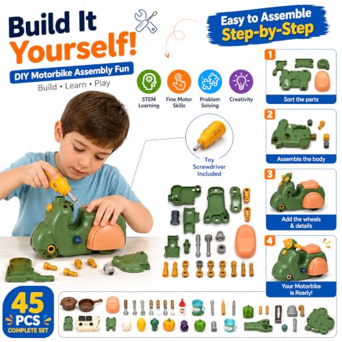 Image of 2-in-1 Kids Kitchen Playset & Ride-On Motorcycle, 45 PCS Toy Set