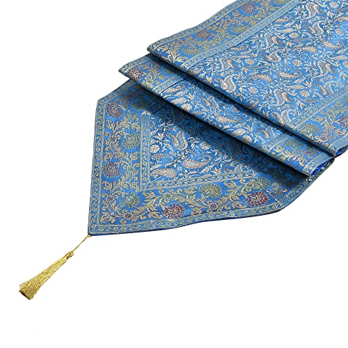 Image of E-EZRA Room Decor Banarasi Silk Handmade Flower V Shape Table Runner Dinning & Centre Table Long Runner Bed Runner Gold Tassels End Size 14 X 80 inches (Turquoise)