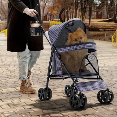 Image of Magshion Compact Fold Pet Travel Stroller for Small Dogs Cats, Plaid | Up to 22lbs, 4-Wheel Lightweight Umbrella Shaped Design, Safety Tethers, Breathable Mesh, Cup Holder & Rear Storage