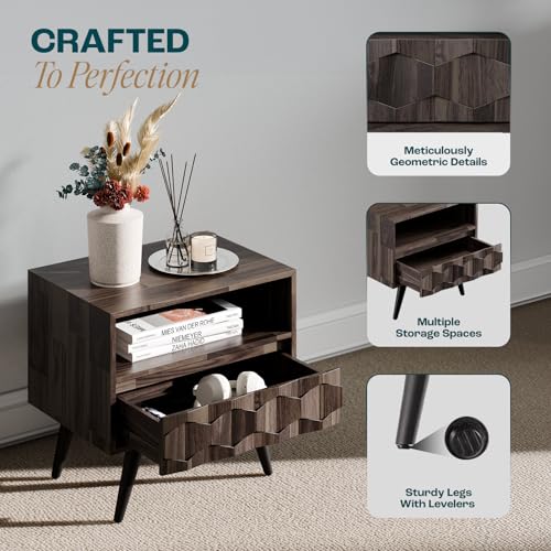 Image of Bme Georgina Solid Wood Nightstand with 1 Drawer & Open Shelf- Fully Assembled Mid Century Modern Side Table - Geometric Pattern Bedside Dresser for Bedroom and Living Room, Mocha