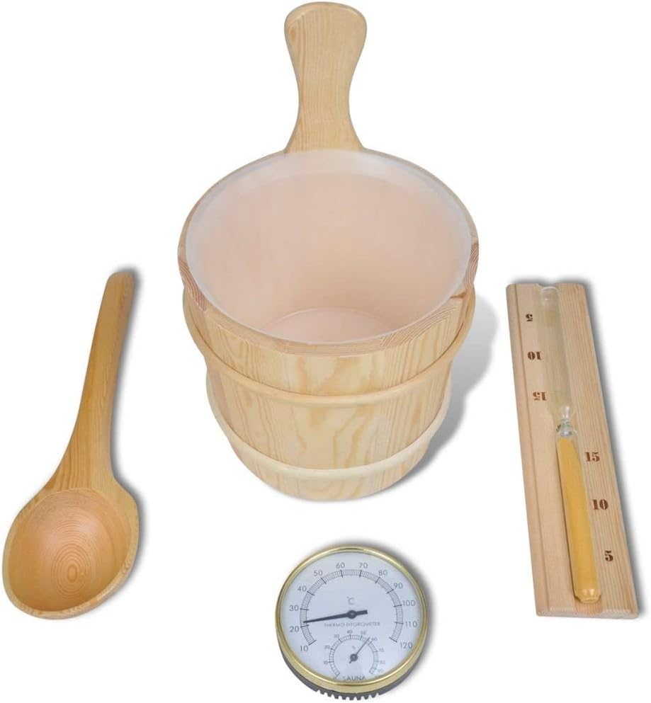 JNTM Sauna Three-piece Set Wooden Water Container Thermometer Wall-mounted Timer