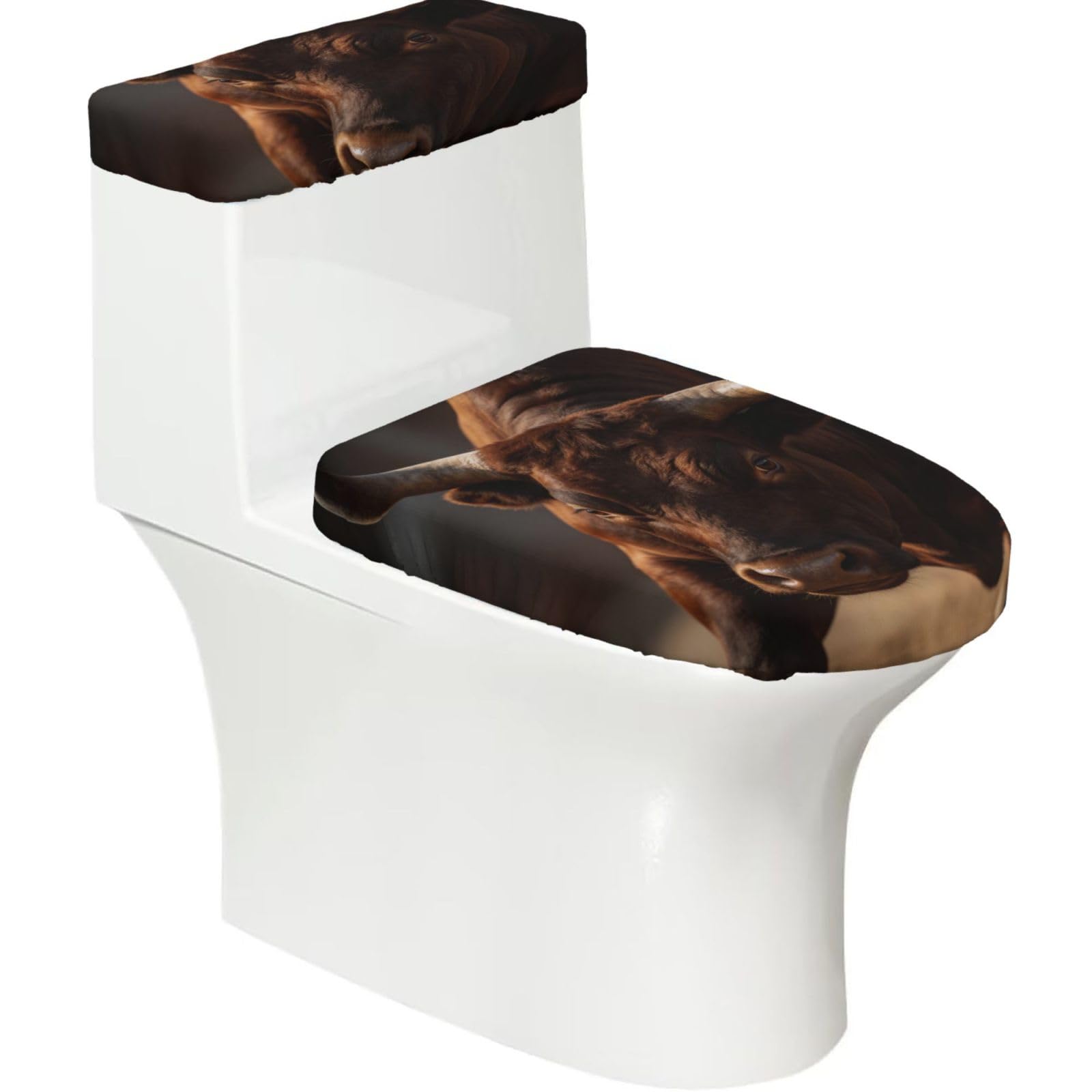 Bull Head Lowered Elastic Toilet Cover Set of 2-Stretchy Lid and Tank Covers for Bathroom, Soft Washable U Shape Toilet Decor