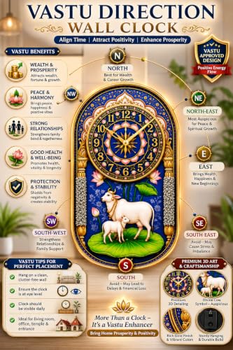 Image of Kamdhenu Prosperity Wall Clock for Home Decor | 12x18 Inch Silent Non-Ticking Spiritual Clock | Vastu Decorative Wall Clock for Living Room, Hall, Pooja Room & Office | Housewarming Gift