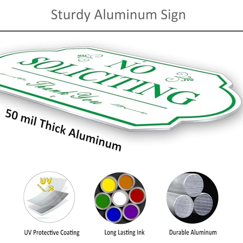 Image of Heavy Duty No Soliciting Sign for House - All Metal Construction No Soliciting Yard Sign - 14 inch x 7 inch - Aluminum - with 28 inch Long Stake (GREEN and WHITE)