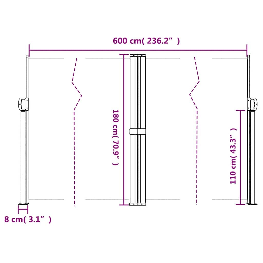 Tenda laterale estensibile, nera, 180 x 600 cm, resistente ai raggi UV e all'acqua, per balcone, terrazza, giardino, protezione privacy, protezione dal vento, versatile, facile da montare