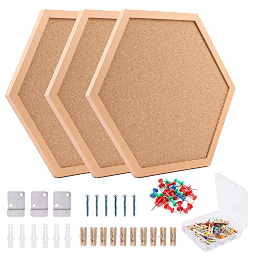 Kdafio Cork Bulletin Board Hexagon, 3-Pack 14"X12" Wood Color Border Cork Boards For Walls Decorative Display Boards For Home Office School Message Boards With 35 Thumbtacks Wooden Clips #TOP6
