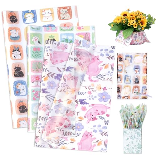Larcenciel Papel de Seda con Diseño de Gatos, 60 Hojas Flores Papel Seda para Envolver, Artístico Embalaje Regalo con Lavanda y Flores Silvestres para Boda Cumpleaño Fiesta Aniversario DIY, 50x35 CM