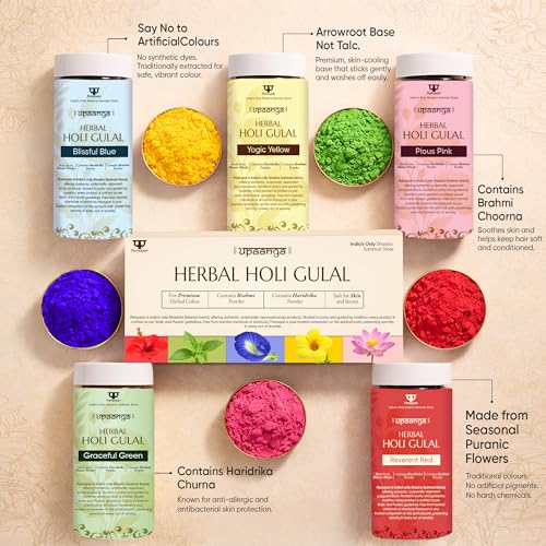 Image of Herbal Gulal for Holi & Festivals with Brahmi and Haridrika | Natural, Skin-Friendly & Child-Safe Gulaal | Vibrant Red, Green, Blue, Pink & Yellow Colors - Pack of 5 160gm X 5