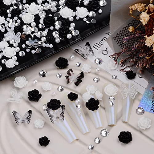 Umillars 3D Flowers Nail Art Charms Rhinestones Kit,Acrylic Black White Camellia Rose Flower 3D Butterfly Mix White Nail Rhinestones Round Pearls For Nail Art Designs Diy Accessories Craft #TOP10