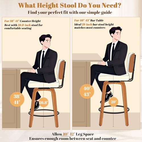 Image of Counter Height Bar Stools Set of 1, 26+inch Swivel Faux Leather Barstool with Back, Upholstered Mid-Century Modern Bar Chairs with Bent Wood Legs for Kitchen Counter, Dining Room,White
