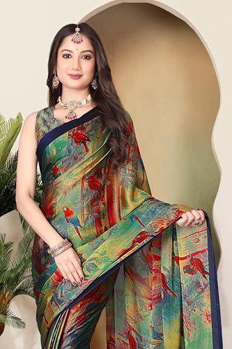 Image of SUPERLAXMI Women's Chiffon Floral Printed Saree with Blouse Piece