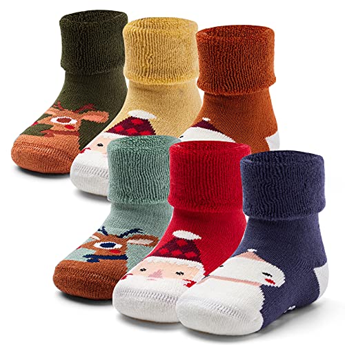 Toddler Warm Socks With Grips For Boys Non Slip Winter Socks Baby Thick Crew Christmas Socks 6 Pack 2-4 Years