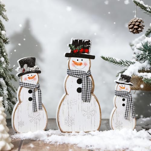 COCHIE Snowman Christmas Decorations Indoor Cute Winter Tiered Tray Decor Set of 3 Wooden Snowman Blocks Xmas Table Decoration for Party Home Office Shelf Door (Vintage)