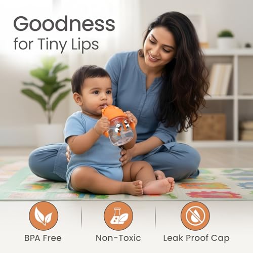 Image of LuvLap Joy Anti Spill Sipper for Kids with Twin Easy-Grip Handles, 270 ml, Sippy Cups with Soft Silicone Straw, Training Cup for Kids,Water Bottle, Non-Toxic & BPA Free, 1 Year+ (Orange)
