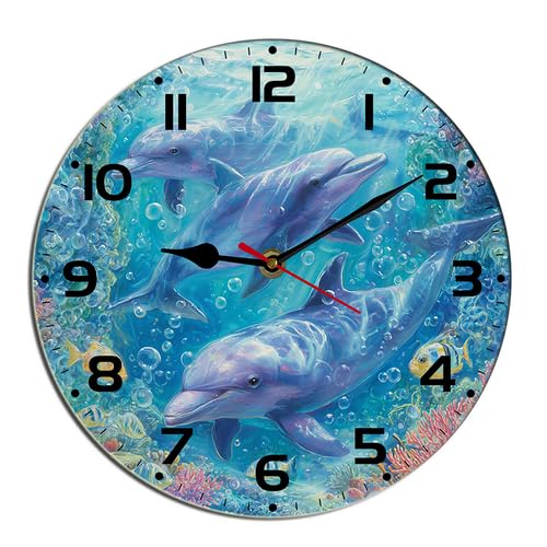 Horienteeon Horloge murale en bois avec dauphin - Poisson tropical coloré - Sans tic-tac - Quartz silencieux - Pour chambre à coucher, salon, bureau, salle de bain,...