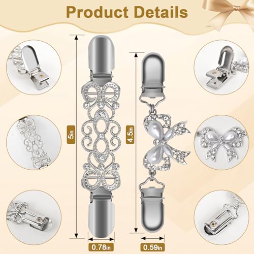 Image of 4 Pcs Vintage Sweater Clips Set, Elegant Bowknot Cardigan Clips with Pearls & Rhinestones, Retro Filigree Dress Cinch Clip Back, Aesthetic Shirt Waist Tightener for Women Valentines Gifts