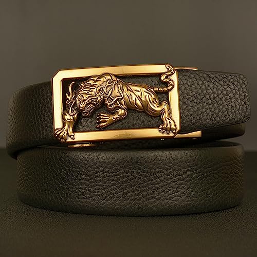 Ratchet Leather Belts with Golden Tiger Automatic Click Sliding Buckle Dress Belt Mens Adjustable Handmade Waist Strap(110cm/waist:37", Black)2
