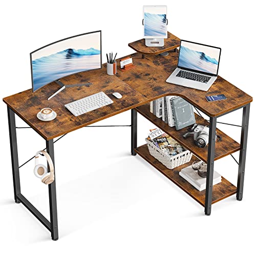 ODK ゲーミングデスク L字 パソコンデスク 幅110 デスク desk 机 pcデスク 棚付き オフィス ワーク 在宅勤務 ?子 勉強机 組立簡単 ビンテージ 右棚