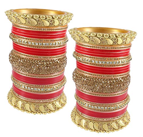 Image of NMII Traditional Gold Plated Acrylic Bangles Bridal Chuda Set For Women & Girls with Zircon Diamond & Pearls Beads Work | Royal Wedding Chudas | Premium Look | Bangles For Wedding, Festive, Function
