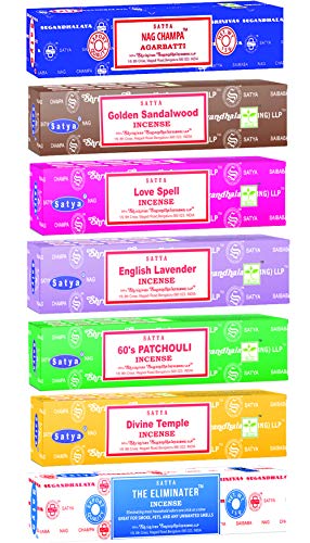 Image of Satya Incense Sticks Gift Set, 7, Scents Nag Champa, 60s Patchouli, The Eliminater, Divine Temple, Love Spell, Golden Sandalwood, English Lavender, 15 g Each (Oriental Mix)