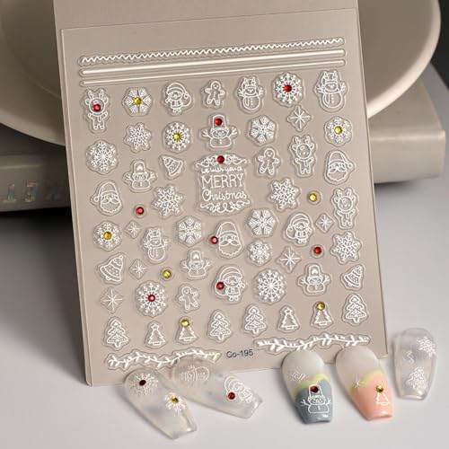 Image of Snowflake Snowman Nail Decals - 5D Embossed Self Adhesive Rhinestone Christmas Tree Stickers for Nail Art Designs - Christmas Supplies