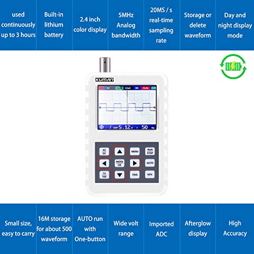 Osciloscopio digital Kuman 5 MHz Bandewidth, muestreo de 20 mech/s, pantalla de 2,4 pulgadas en 320 x 240, almacenamiento integrado, con conector BNC y sonda KW25