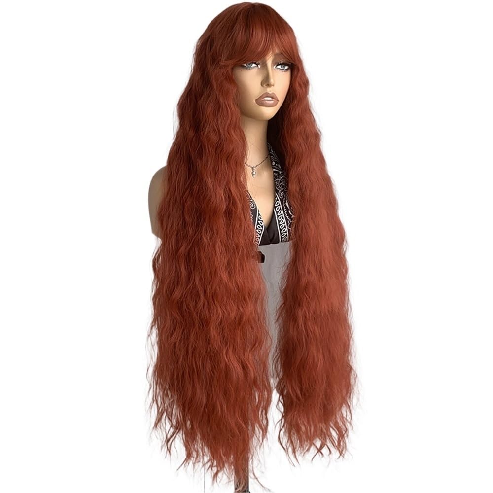 xiuling4568 Long Curly Wig With Bangs For Women, 40 Inch Wavy Synthetic Bounce Fluffy Natural Style Wigs For Daily Use Hairs Extensions(Reddish brown)