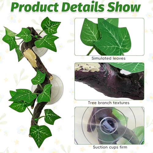 Image of PINVNBY 2 PCS Reptile Corner Branch Terrarium Plant Decoration with Suction Cup Resin Plant for Amphibian Lizard Snake Climbing