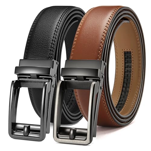 Image of CHAOREN Click Belts for Men 2 Pack - 1 3 /8 inch Leather Ratchet Belt | Trim to Fit, Gift Box, Micro-adjustable, Scratch Resistant Buckle, Formal Suits, Dress Pants, Casual Jeans, Golf