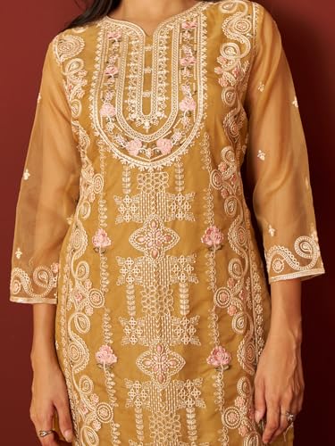 Image of INDO ERA Womens's Organza Floral Straight Fit Calf Length Kurta with Pant & Dupatta Set (IESTR10679)
