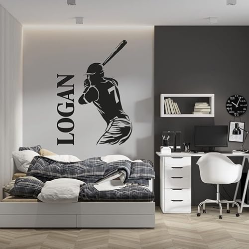 Baseball Player Ready to Hit Ball Baseball D?cor for Boys Room – Add Your Name Personal Baseball Sticker with Man Holding Bat – Custom Wall Decals with Name Sign