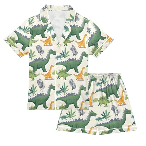 ALAZA Dinosaur Palm Tree Leaf Pajamas Satin Pajama Set Short Sleeve Button Down Sleepwear