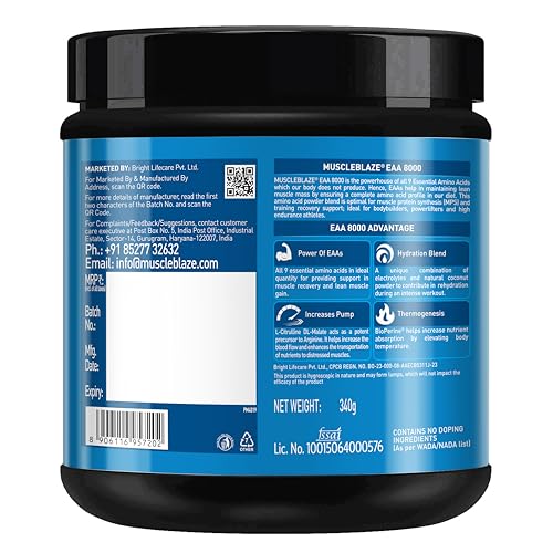 Image of MuscleBlaze EAA 8000 Powder (Blue Cola, 340g, 25 Servings) | 8000mg EAAs Blend, 1000mg Hydration Blend | 750mg L-Citrulline