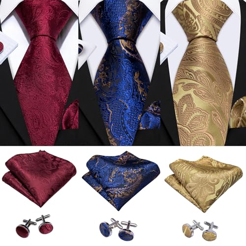 Image of Barry.Wang 6 PCS Men Ties Set Silk Business Fashion Woven Necktie Handkerchief Cufflinks Paisley Stripe Wedding Party