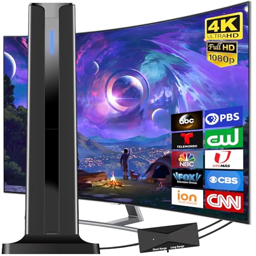 Digital Antenna for Smart TV Indoor, 2025 HD Antennas with 3M-Stick Base, 360°&Long Range Reception 4k 1080p for Local Channels, Easy Setup Antenna for TV Without Cable (Black)